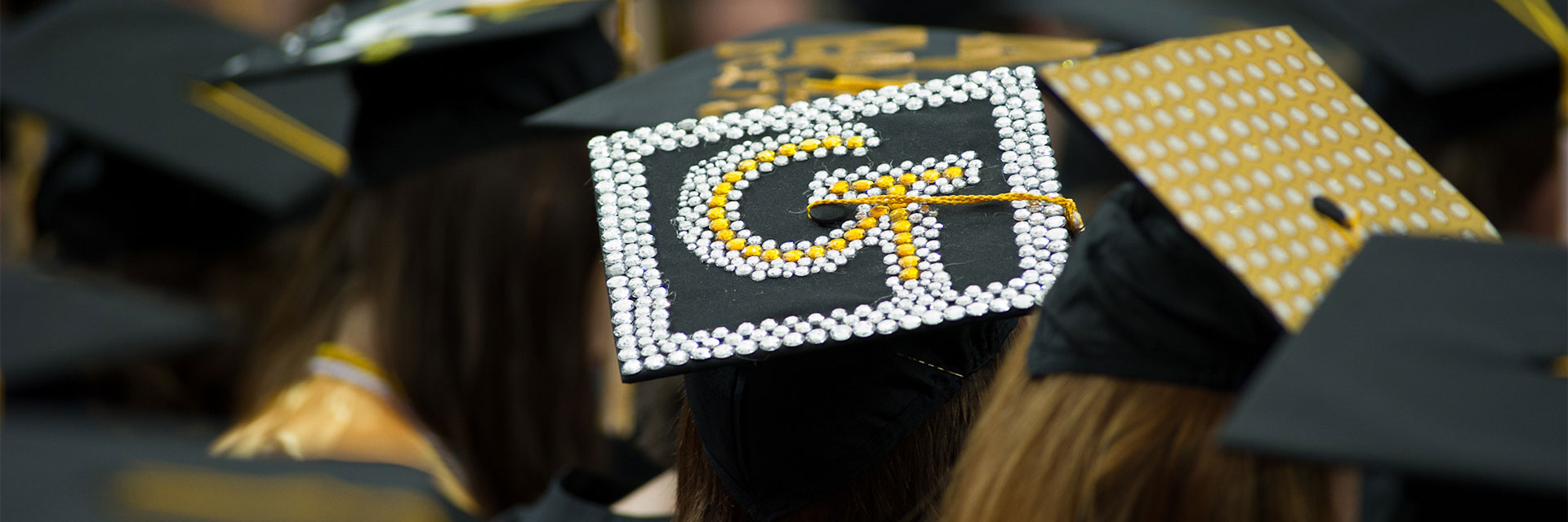 Zoomed in view of a graduation cap decorated with the GT logo. Image courtesy of Georgia Tech. 