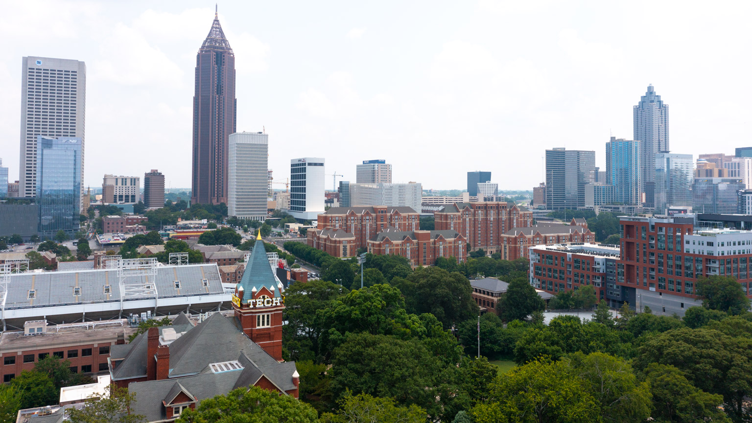 A view of the skyline of Atlanta with Tech Tower in the foreground.