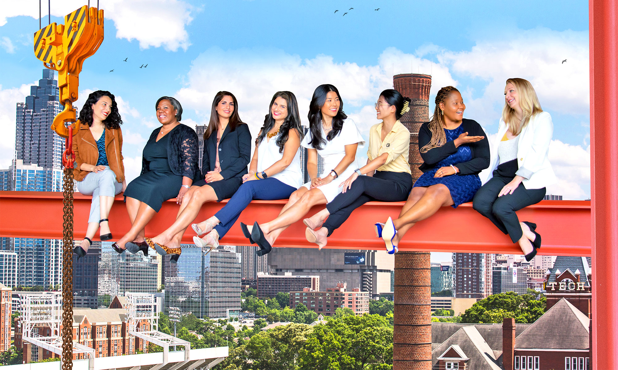 Photo collage of women faculty in the style of Lunch Atop a Skyscraper.