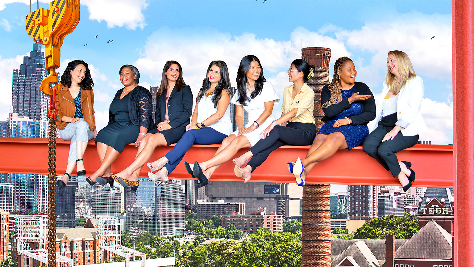 Photoshopped image of women in Building Construction faculty seated on an I-beam, with the Atlanta skyline behind them. The composition harks back to Lunch Atop a Skyscraper (1932).