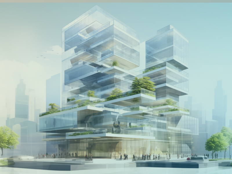 An image render of a futuristic sustainable building. 