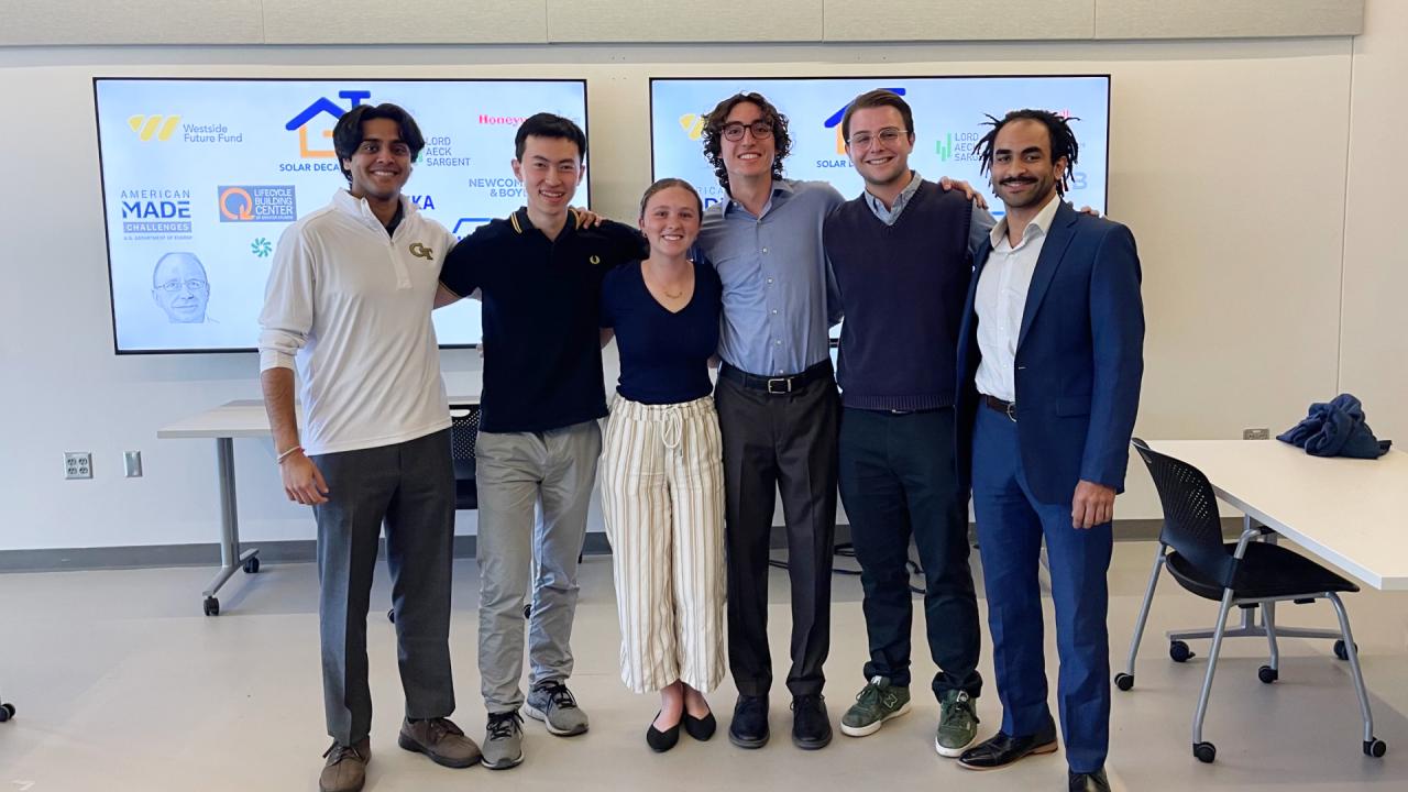 From left to right, Arya Desai (MSCE), Jackie Zong (BSCE), Rachel Witherspoon (M.Arch), Charles Morris (BSCSM), Wyatt Williams (MBA/EE), Nader Osman (BSCSM).
