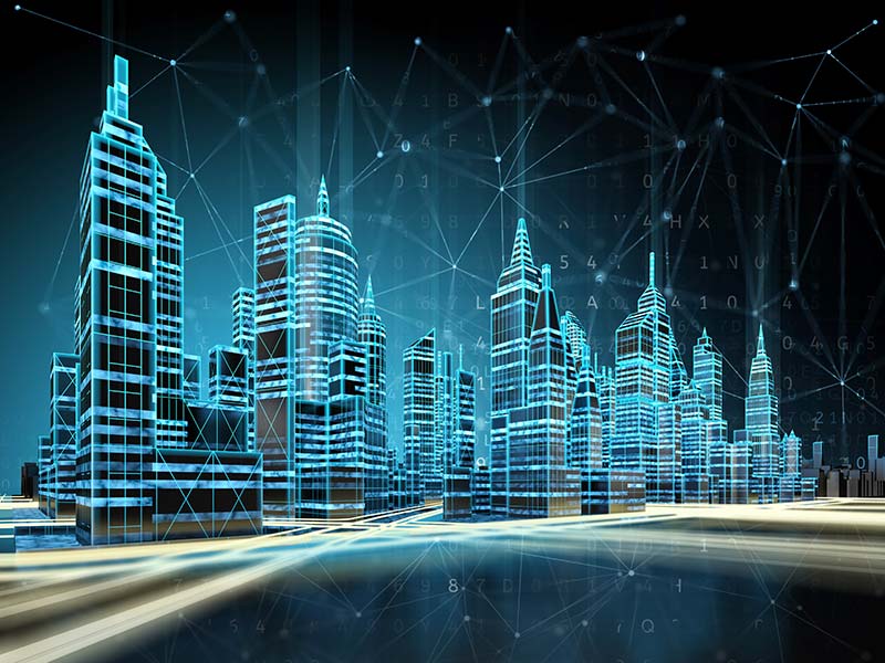 A virtual skyline against a sky of data.